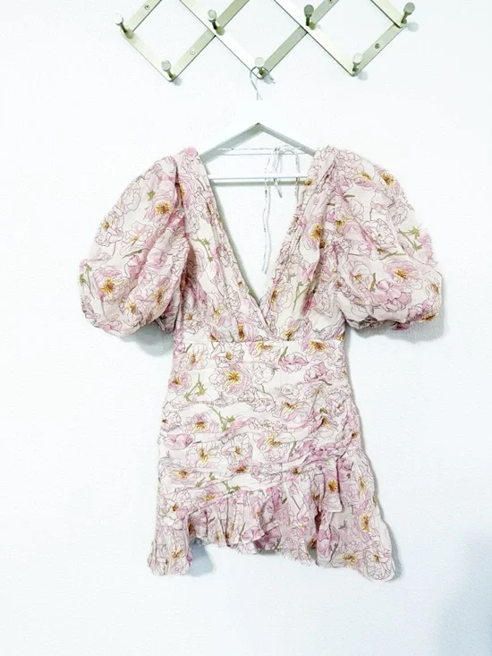 Sau Lee Posey Puff Sleeve Floral Pastel Pink Ruched Mini Dress Size US 8 - Picture 13 of 16